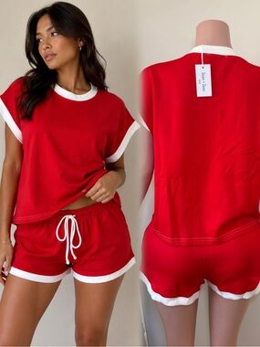 Red Contrast-Trim Lounge Shorts Set -